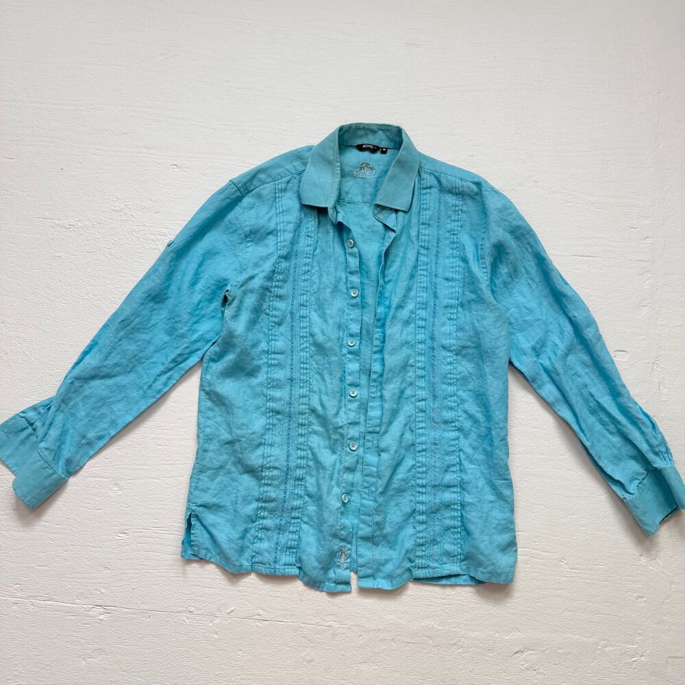 Bohio Blue Linen Button Up Pleated Embroidered Shirt, Size Medium